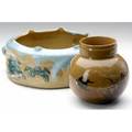 Rookwood two early limogesstyle pieces 1884 bulbous vase painted with swallows and leafy branches and a large twohandled vessel with crabs the latter was exhibited in american arts  crafts fr