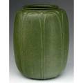 Grueby large melonshaped vase decorated by gertrude priest with alternating leaves and buds under a rich matte green glaze filled drill holes circular pottery stampgp 10 34 x 7 34