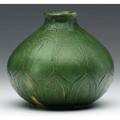 Grueby rare tearshaped vase attributed to jenny avis turner with tooled leaf design under a frothy matte green glaze exhibited in amercan arts  crafts from the collection of alexandra and sidney