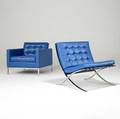 Florence knoll ludwig mies van der rohe knoll two lounge chairs with blue vinyl upholstery barcelona chair of polished stainless steel other of chromed steel armchair with knoll assoc upholster