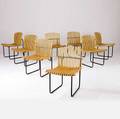 Richard schultz rare set of eight conde house slatted pine chairs on black metal frames this set was produced mostly by hand in very limited numbers 32 x 19 x 23