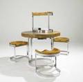 Milo baughman thayer coggin carved pine and chromed steel dining table and four stools unmarked table 30 12 x 36 dia stools 18 12 x 17 34 x 15