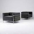 Le corbusier cassina pair of lc grand confort chrome chairs bluegreen mohair cassina and atelier international paper labels 25 x 38 34 x 27