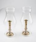 Pair of Brass Candlesticks with Hurricane Globes