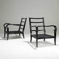 French modern pair of black lacquered lounge chairs unmarked 32 12 x 25 x 29