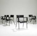 Jacques adnet set of six stitched black leather dining armchairs on black enameled metal and brass frames unmarked 30 12 x 23 x 21