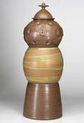 Val cushing totemic threepart stoneware covered floor jar signed and dated 1985 32 x 11