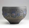 Scheier large vessel with women and fish ultramarine and bronze volcanic glaze signed scheier 84 10 x 14