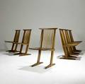 George nakashima six walnut conoid dining chairs with hickory spindles all signed with clients name 35 12 x 21 x 20 12