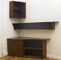 Wharton esherick threepiece sculpted walnut wallhanging corner storage unit with desk and two shelving components desk 29 34 x 65 34 x 31 34 11 12 x 81 x 18 30 12 x 24 x 17 34