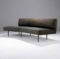Edward wormley dunbar early curved sofa on solid brass legs original silk upholstery green dunbar metal tag 30 x 88 x 44