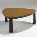 Edward wormley dunbar burlwood and sculpted walnut coffee table on brass feet no 6029 c 1950s rectangular brass tag paper label 14 12 x 33
