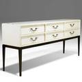 Tommi parzinger lacquered oak credenza on mahogany legs three silverware drawers original milkglass panels stamped parzinger originals 32 x 72 x 16 12