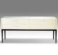 Tommi parzinger enameled sideboard with lucite pulls and two milk glass panels branded parzinger originals 32 x 68 x 16 12