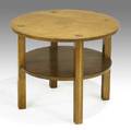 L  jg stickley round tea table with legs extending through top unmarked 19 12 x 24 dia
