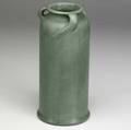 Teco cylindrical three handled matte green vase stamped teco 11 x 5