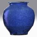 Pewabic lustered blue vase some glaze bubbling circular stamp mostly covered by glaze 6 x 5 12