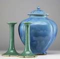 Manuel jalanivich large floriform covered jar and candlesticks in crackled persian glazes 1927 and 1930 each signed and dated 15 12 x 12