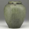 Ruth erickson grueby bulbous matte green vase with three handles and curled leaves circular pottery stamp re and illegible date 9 x 7 14