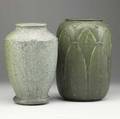 Ruth erickson grueby two large vases with leaves and flowers one matte green one blue gray by erickson see cond rpt both stamped former over restoration latter with re 1908 11 12 and 10 1