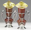 Art nouveau pair of bohemian gold and cinnabar art glass vases within pewter armatures unmarked 12 x 7