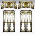 French arts  crafts set of six leadedglass windows in a secessionist pattern four tall hinged panels and two horizontal 64 x 15 34 and 18 x 37