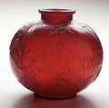 Lalique poissons vase in deep red glass cased in yellow c 1921 see cond rpt m p 422 no 925 raised r lalique and scratched france 9 12 x 9 12