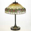 Handel unique table lamp with floral shade on patinated base unmarked 23 x 16
