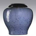 Fulper large vase in chinese blue flambe crystalline glaze a few shallow scratches and stilt pulls vertical incised racetrack mark paper label 12 x 11 12