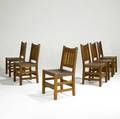 Gustav stickley set of six vback sidechairs no 354 12 with original leather and tacks branded mark 35 12 x 18 12 x 17
