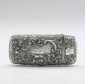 Nathaniel mills silver cigar case birmingham 1846 hunt motif raised and chased landscape depicts hounds in pursuit of a deer among entwined foliage armorial crest vacant cartouche obverse 26 ot