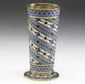 Russian enameled giltsilver beaker by antip kuzmichev moscow 88 silver ca 1895 tapered cylindrical vessel on circular foot decorated by borders and spiraling ribbons of cloisonne enamel in variou