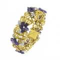 Carved amethyst and diamond bracelet 18k yg and wg amethyst violet blossoms with diamond accents and leaves on textured gold links designed as entwined ribbons and foliage ca 1960 566 gs 7 x 3