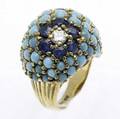 Honora gemset bombe ring floriform clusters of brilliant cut diamonds 40 ct tw and blue faceted sapphires on turquoise pave ground ca 1960 marked 158 gs size 4