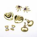 Gold earrings by tiffany  co or faraone four pairs for unpierced ears 18k fireworks with faceted amethyst bows with diamond and platinum accents paloma picasso puff hearts faraone oval disk dro