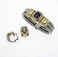 David yurman silver and gold cable jewelry sterling and 14k yg threerow bracelet with cushionshaped faceted amethyst together with crossed cable earrings 109 gs gw