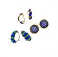 Three pairs of 20th c enameled gold earrings circular pair with blue enamel and ropetwist edge 18k by c vollrath nyc shrimp type with translucent green and blue enamel 14k rope twist with blue