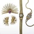 Retro gold jewelry  watches demilune sunburst brooch and earclip suite with rubies and diamonds dress watch by mido with ruby and diamond lugs snake bracelet 6 14 gruen gold gaspipe bracelet