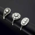 Three art deco diamond cocktail rings 14k wg or platinum 19251935 circular cluster in platinum size 7 34 lateral oval 3stone cluster in 14k wg size 8 teardrop shaped cluster 14k wg size 5 o