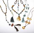 Chinese carved hardstone and turquoise jewelry five pieces include beads amulets jade lapis carnelian silver etc