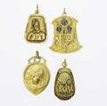 Four gold medallions 18k most belgian 19051930 fonson  co art nouveau enameled iris 1910 revue des ecoles les comm wolfers le petit cochon 1905 champion de carabiniers 1906 chasteleer