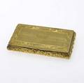 Hungarian gold snuff box 18k ca 1880 rectangular the engineturned lid with chase fox  grape borders deeply chased rococo sides inscribed on lid interior 107 gs 3 18 x 1 78
