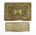 Two gold snuff or cigarette boxes one 14k yg lattice patterned box with scroll ribbon edges 2 58 x 78 x 78 together with a tricolor 9k box with ornate neoclassical decorations 3 x 2 18 14