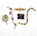 Gold jewelry five pieces 18801950 victorian enameled gold brooch seed pearl and diamond floral spray on blue ground hair compartment on reverse victorian rose cut diamond brooch bloomed 14k yg