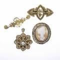 Four gold brooches 14k 18601930 portuguese pearl and citrine with diamond accents hinged bail archaeological revival grapemotif brooch archaeological revival with 22 ct omc diamond shell cam