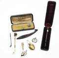 Antique gold  jugendstil jewelry nine pieces ca 18801910 natural pearl and rose cut diamond stick pin in original box gold and jadeite frog stickpin in original box two 14k golf club pins one