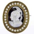 Castellani attr enameled gold  stone cameo brooch dished sardonyx cameo depicts mars signed by antonio amastini twisted wire borders granulation pierced white enamel disks 312 gs 2 12 x 2