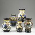 Five floral decorated vases all early 20th c clement massier decorated in the cloisonne style pair of longwy gourdshaped vases crown ducal rosedecorated keramis belgium tallest 14 34