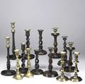 Seven pairs of candlesticks 18th19th c brass and brass and wood turned tallest 13