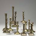 English brassbell metal candlesticks 18th c six pairs in various styles and designs tallest 12
